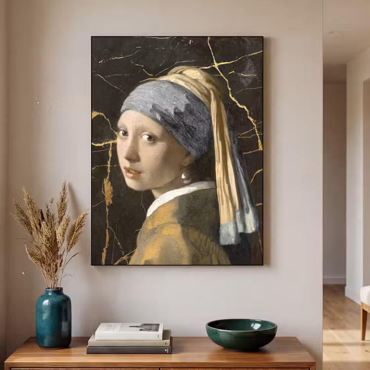 Meisje met de parel - Johannes Vermeer - Goud Textielframe zwart klein -sfeer1