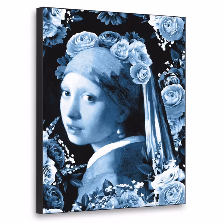 Meisje met de parel - Johannes Vermeer - Delfts blauw Textielframe zwart klein -3d