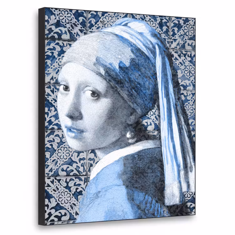 Meisje met de parel - Johannes Vermeer - Delfts blauw Textielframe zwart klein -3d