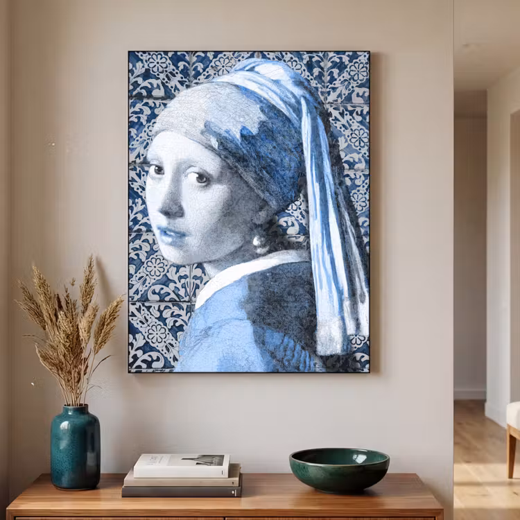 Meisje met de parel - Johannes Vermeer - Delfts blauw Textielframe zwart klein -sfeer1