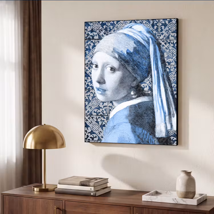 Meisje met de parel - Johannes Vermeer - Delfts blauw Textielframe zwart klein -sfeer3