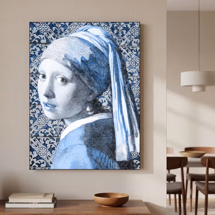 Meisje met de parel - Johannes Vermeer - Delfts blauw Textielframe zwart klein -sfeer2