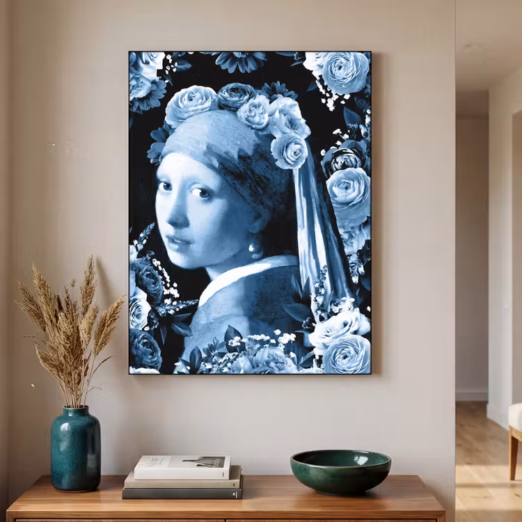 Meisje met de parel - Johannes Vermeer - Delfts blauw Textielframe zwart klein -sfeer1