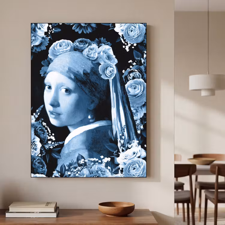 Meisje met de parel - Johannes Vermeer - Delfts blauw Textielframe zwart klein -sfeer2
