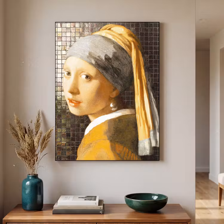Meisje met de parel - Johannes Vermeer - Mozaïek Textielframe zwart klein -sfeer1