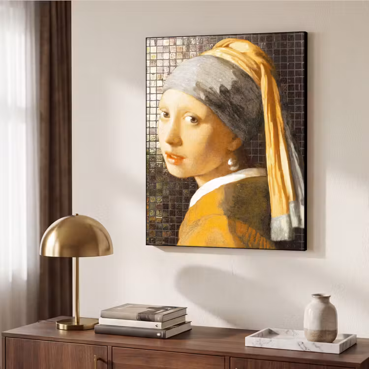 Meisje met de parel - Johannes Vermeer - Mozaïek Textielframe zwart klein -sfeer3