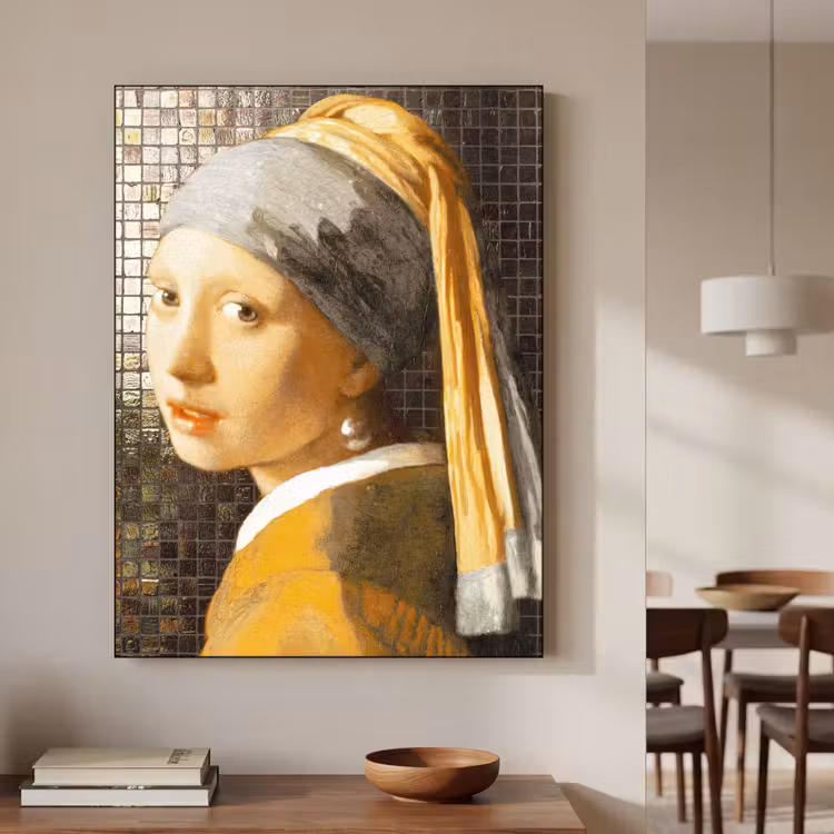 Meisje met de parel - Johannes Vermeer - Mozaïek Textielframe zwart klein -sfeer2