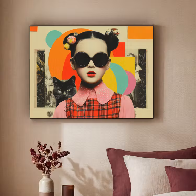 Meisje - Zonnebril - Kat - Retro Textielframe zwart klein -sfeer1