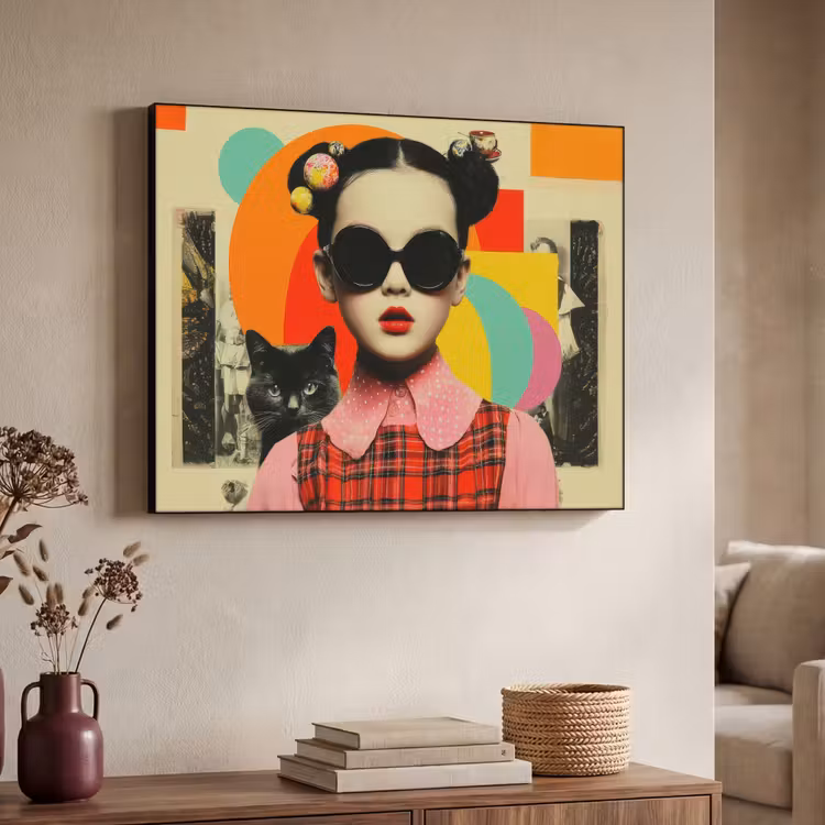 Meisje - Zonnebril - Kat - Retro Textielframe zwart klein -sfeer3