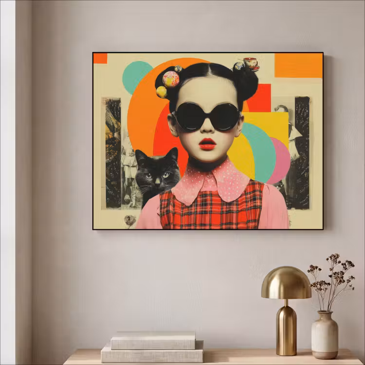 Meisje - Zonnebril - Kat - Retro Textielframe zwart klein -sfeer2