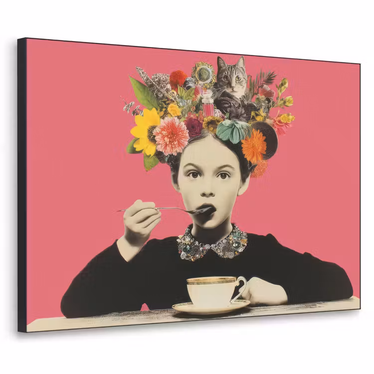 Meisje - Kopje - Bloemen - Roze Textielframe - compleet frame klein -3d