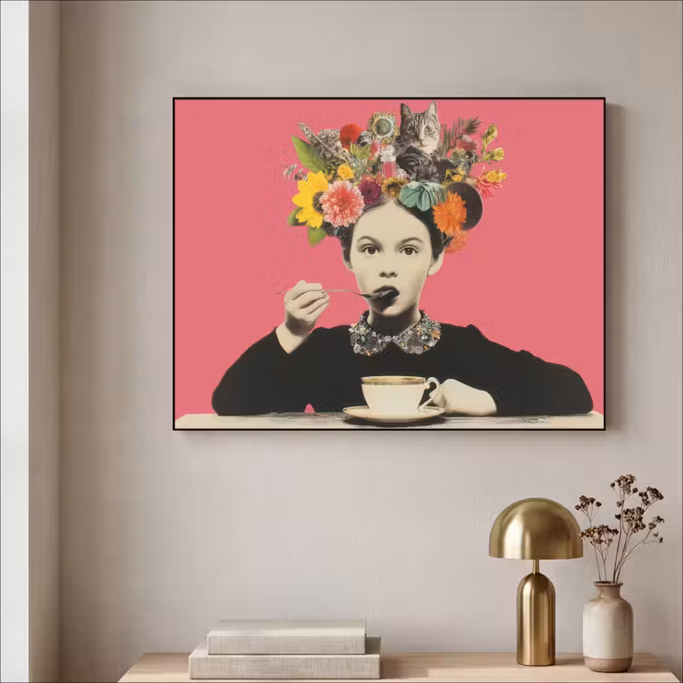 Meisje - Kopje - Bloemen - Roze Textielframe zwart klein -sfeer2