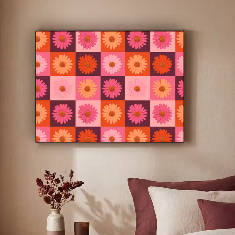 Madeliefjes - Dambord - Retro - Roze - Oranje Textielframe zwart klein 947 -sfeer1