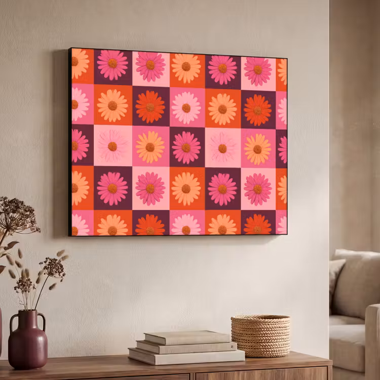 Madeliefjes - Dambord - Retro - Roze - Oranje Textielframe zwart klein 947 -sfeer3