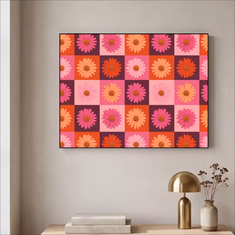 Madeliefjes - Dambord - Retro - Roze - Oranje Textielframe zwart klein 947 -sfeer2