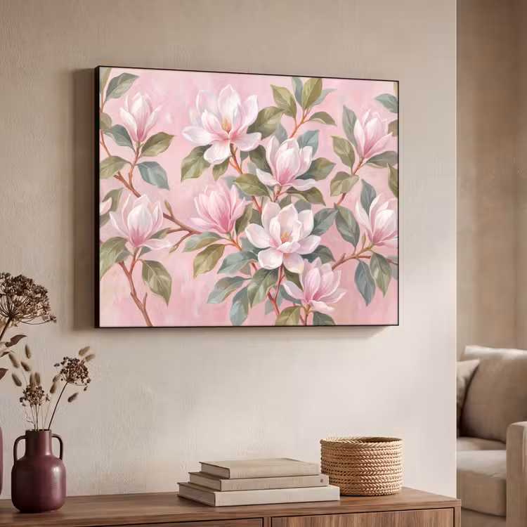 Magnolia's - Patroon - Roze Textielframe zwart klein -sfeer3