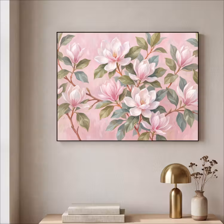 Magnolia's - Patroon - Roze Textielframe zwart klein -sfeer2