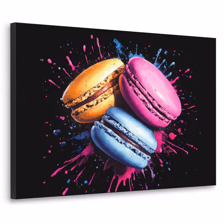 Macarons - Dessert - Graffiti - Kleurrijk - Roze - Blauw - Geel Textielframe zwart klein -3d
