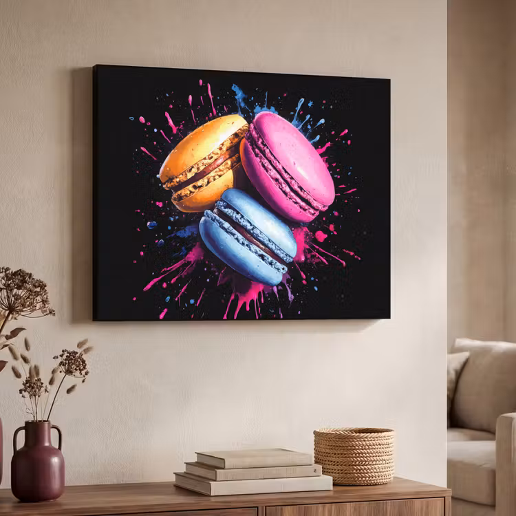 Macarons - Dessert - Graffiti - Kleurrijk - Roze - Blauw - Geel Textielframe - compleet frame klein -sfeer3