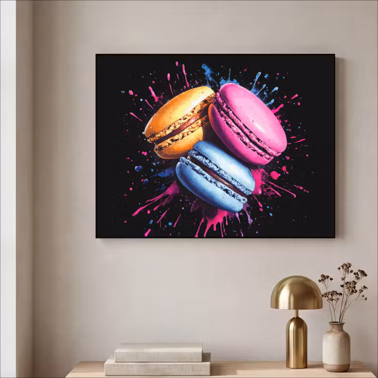 Macarons - Dessert - Graffiti - Kleurrijk - Roze - Blauw - Geel Textielframe - compleet frame klein -sfeer2