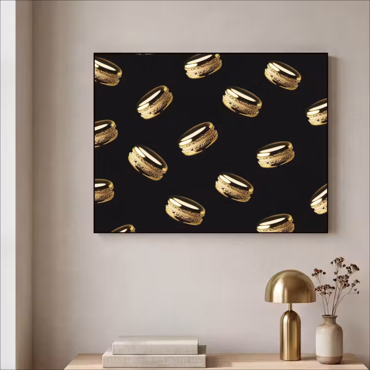 Macarons - Patroon - Goud - Zwart Textielframe zwart klein -sfeer2