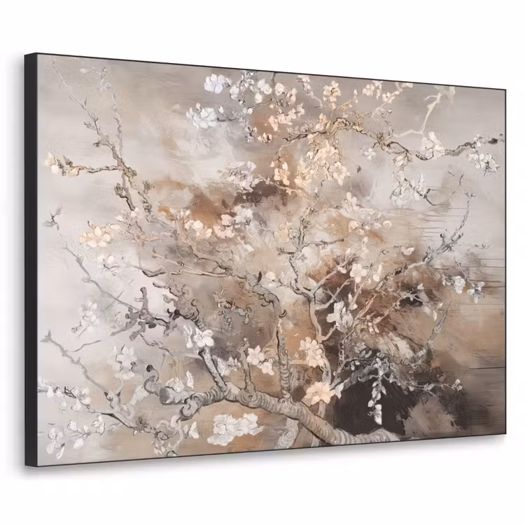 Amandelbloesem - Kunst - Van Gogh - Beige - Abstract Textielframe zwart klein -3d