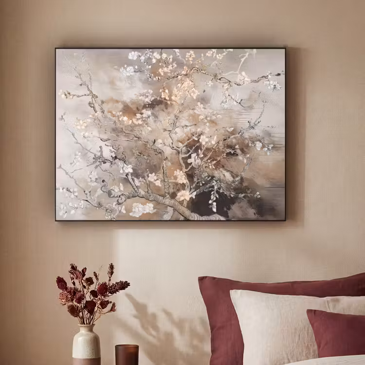 Amandelbloesem - Kunst - Van Gogh - Beige - Abstract Textielframe zwart klein -sfeer1