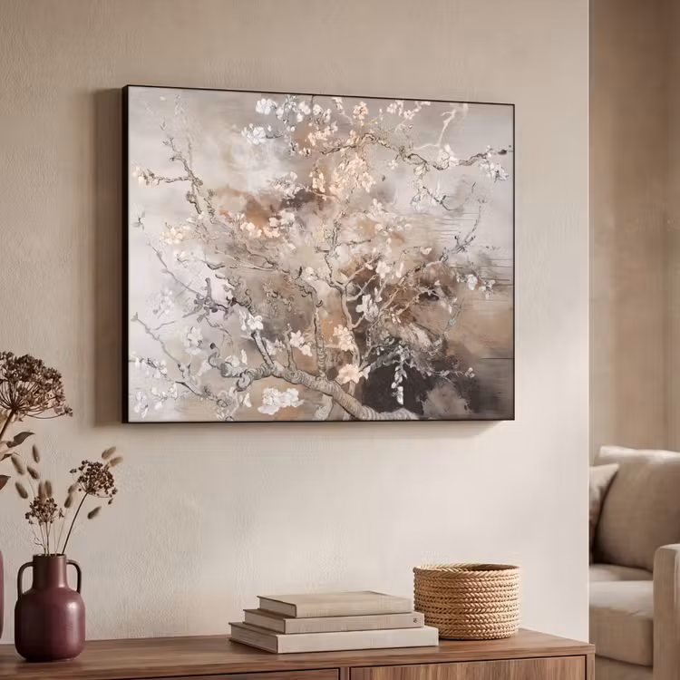 Amandelbloesem - Kunst - Van Gogh - Beige - Abstract Textielframe zwart klein -sfeer3