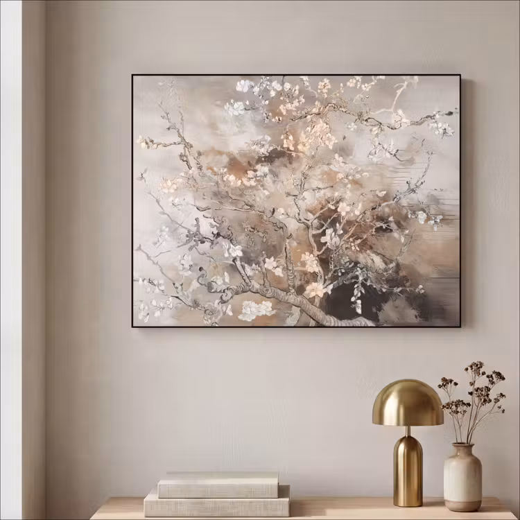 Amandelbloesem - Kunst - Van Gogh - Beige - Abstract Textielframe zwart klein -sfeer2