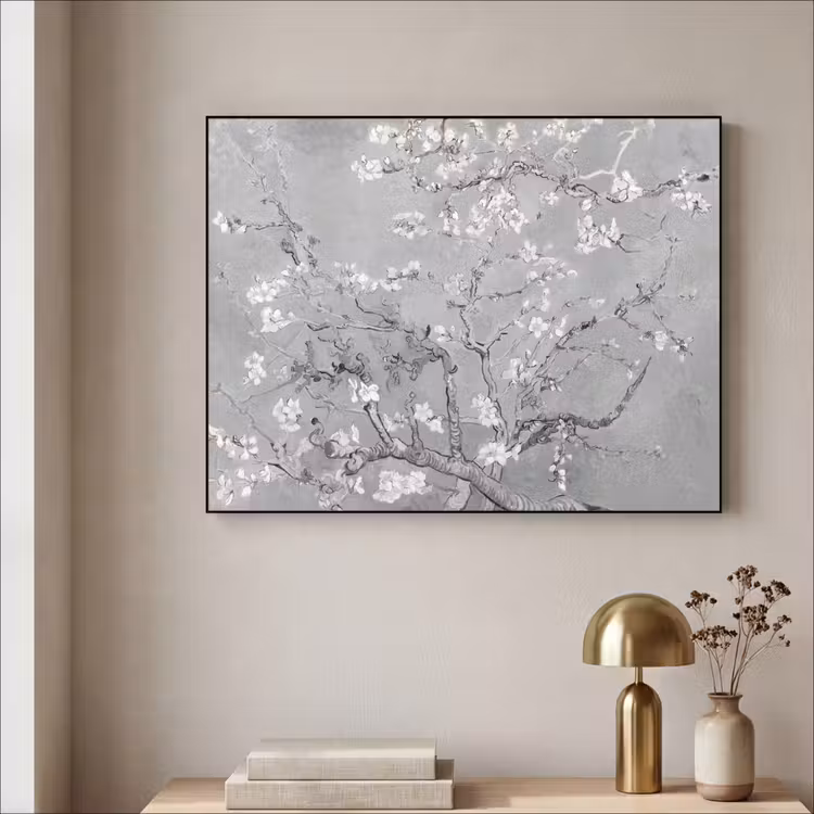 Amandelbloesem - Kunst - Van Gogh - Grijs Textielframe zwart klein -sfeer2