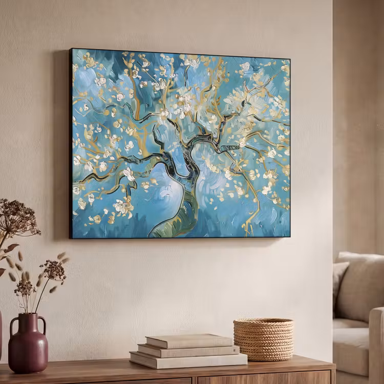 Amandelbloesem boom - Blauw - Abstract Textielframe zwart klein -sfeer3