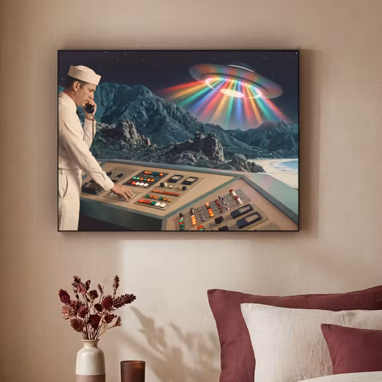 Art Frame - Mann – Kontrollraum – Strand - Man - Controlekamer - Strand Textielframe zwart klein