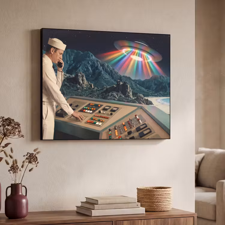 Art Frame - Mann – Kontrollraum – Strand - Man - Controlekamer - Strand Textielframe zwart klein