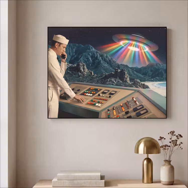 Art Frame - Mann – Kontrollraum – Strand - Man - Controlekamer - Strand Textielframe zwart klein