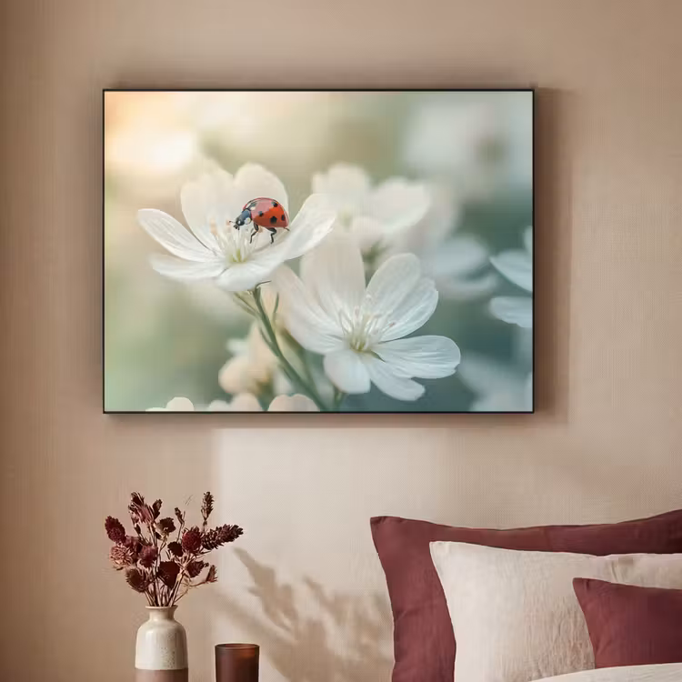Lieveheersbeestje - Bloemen - Wit Textielframe zwart klein -sfeer1