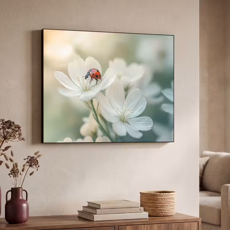 Lieveheersbeestje - Bloemen - Wit Textielframe zwart klein -sfeer3