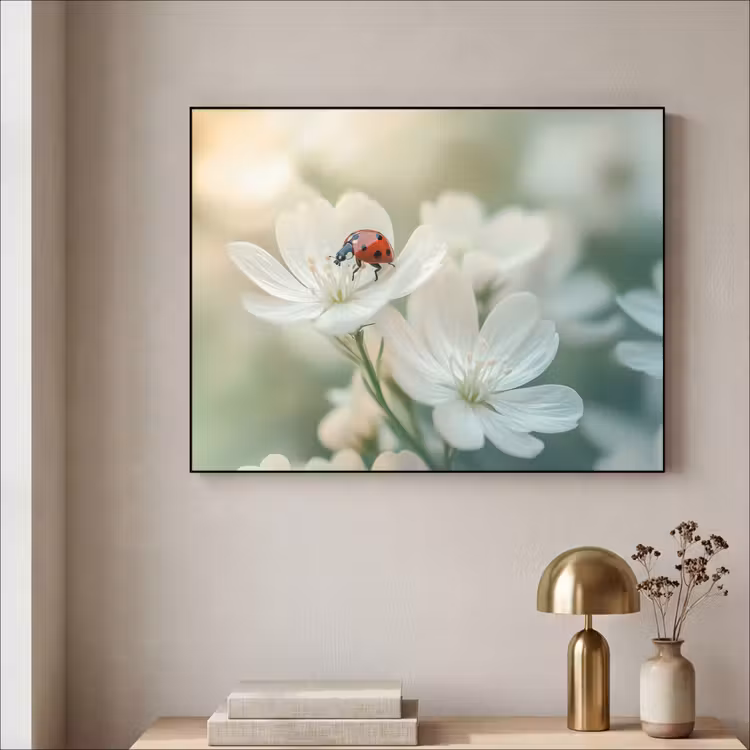 Lieveheersbeestje - Bloemen - Wit Textielframe - compleet frame klein -sfeer2