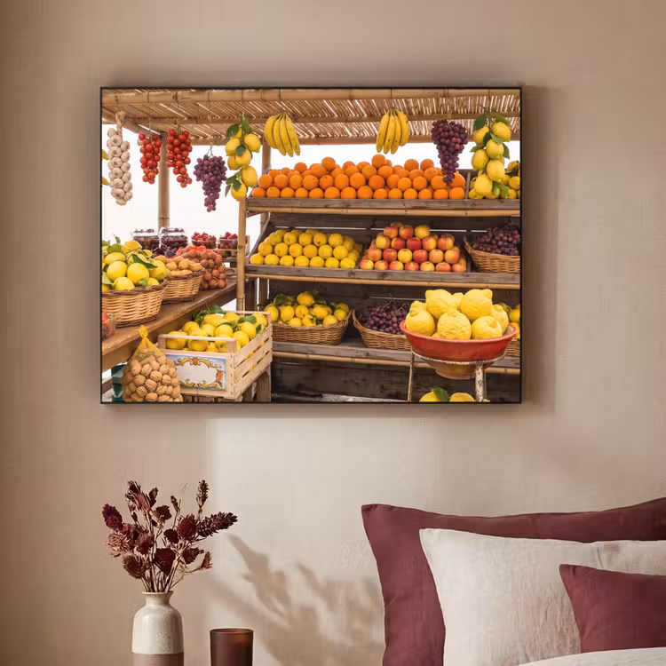 Art Frame - Marktstand – Obst – Frisch - Marktkraam - Fruit - Vers Textielframe zwart klein