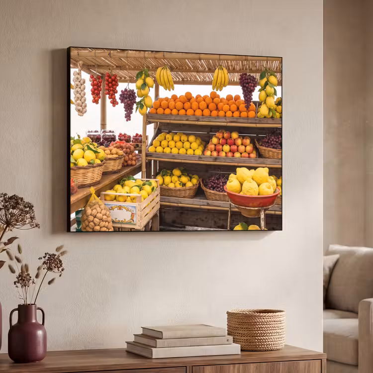 Art Frame - Marktstand – Obst – Frisch - Marktkraam - Fruit - Vers Textielframe zwart klein