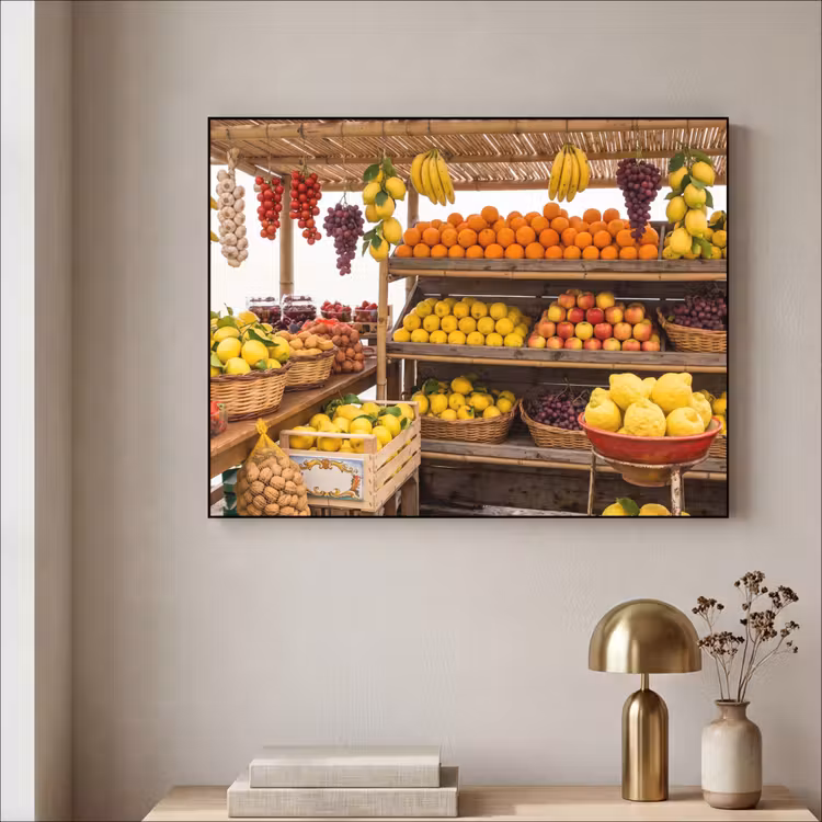 Art Frame - Marktstand – Obst – Frisch - Marktkraam - Fruit - Vers Textielframe zwart klein