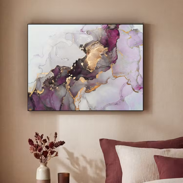 Marmer - Abstract - Goud - Paars Textielframe zwart klein -sfeer1