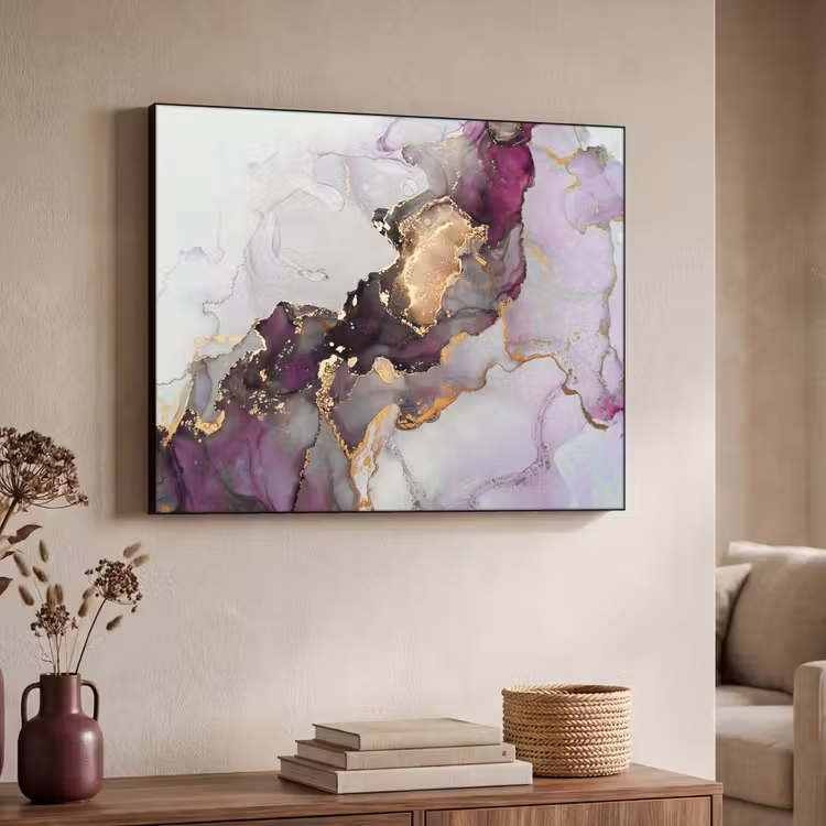 Marmer - Abstract - Goud - Paars Textielframe zwart klein -sfeer3