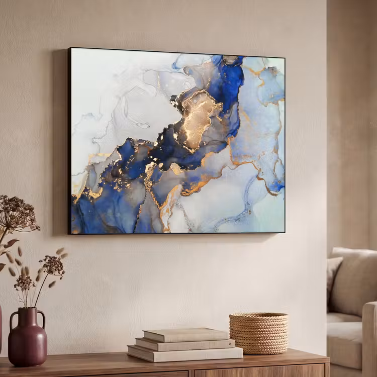 Marmer - Blauw - Goud Textielframe zwart klein -sfeer3