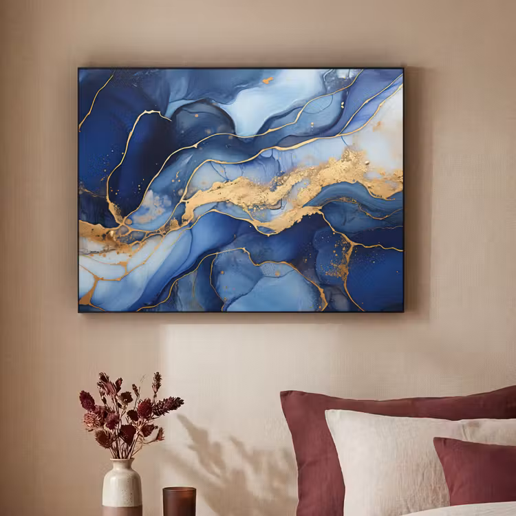 Marmer - Blauw - Goud - Abstract Textielframe zwart klein -sfeer1