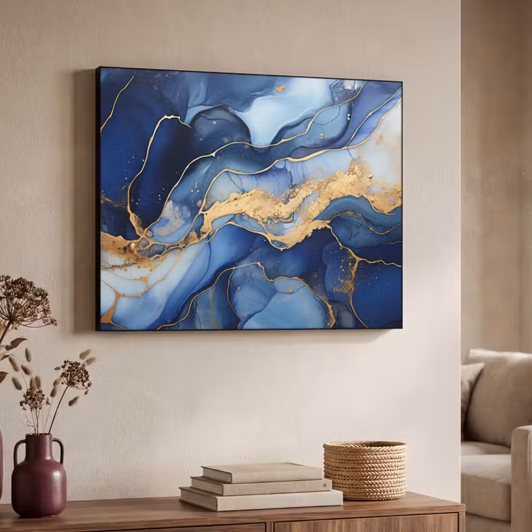 Marmer - Blauw - Goud - Abstract Textielframe zwart klein -sfeer3