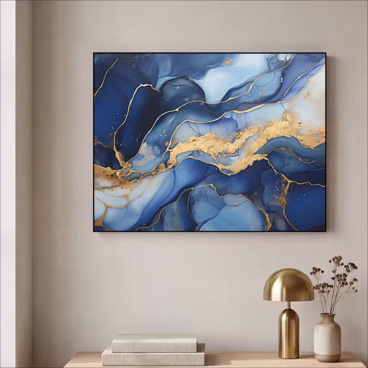 Marmer - Blauw - Goud - Abstract Textielframe zwart klein -sfeer2