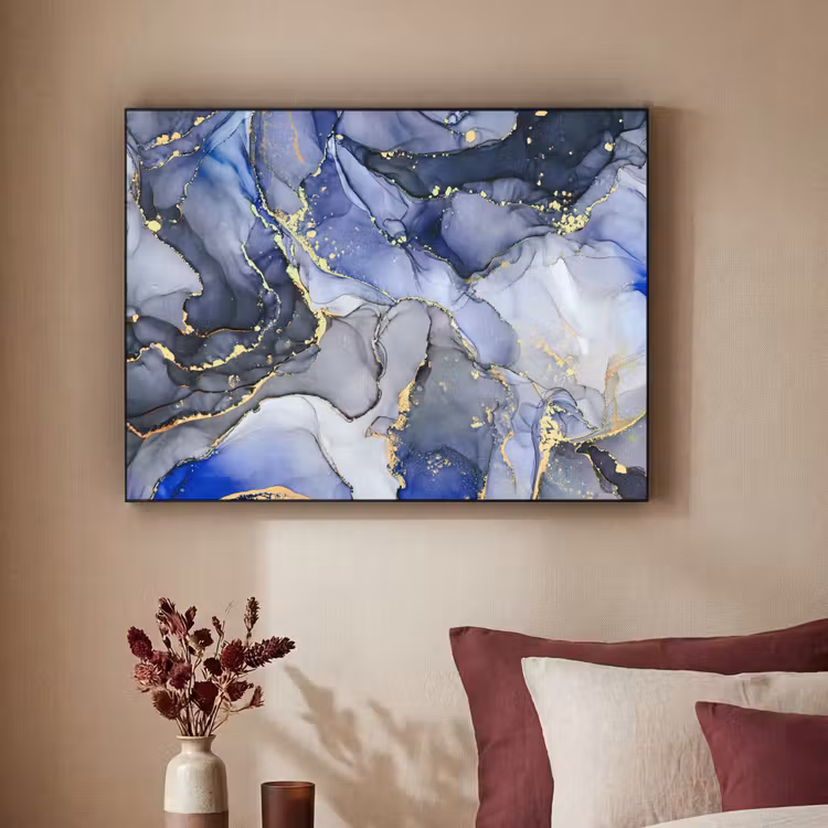 Marmer - Goud - Abstract - Blauw Textielframe zwart klein -sfeer1