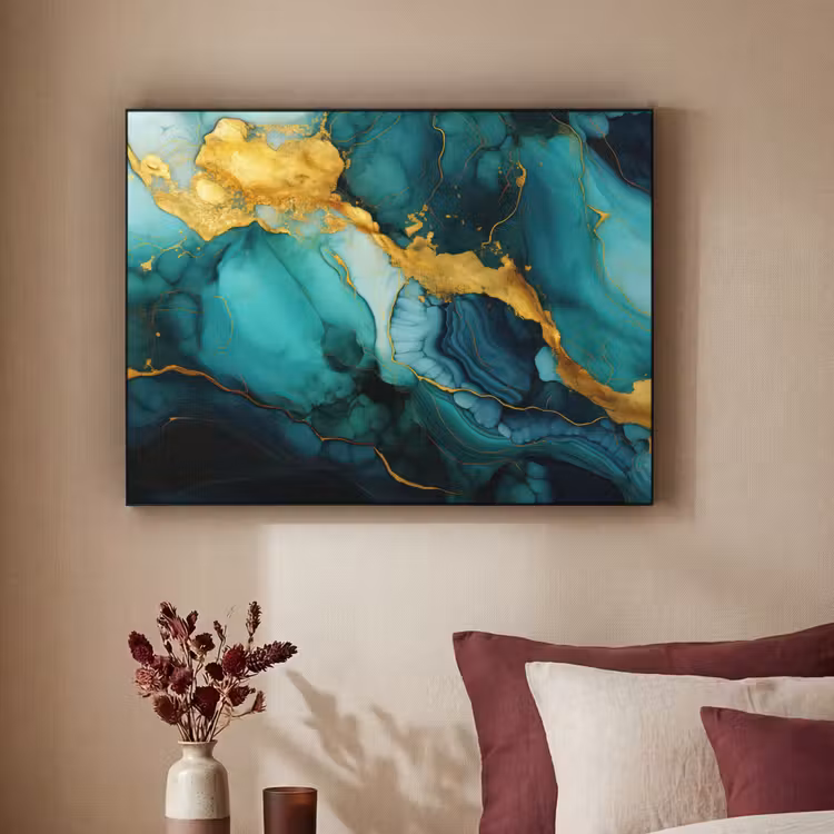 Marmer - Goud - Blauw groen - Abstract - Turquoise Textielframe zwart klein -sfeer1