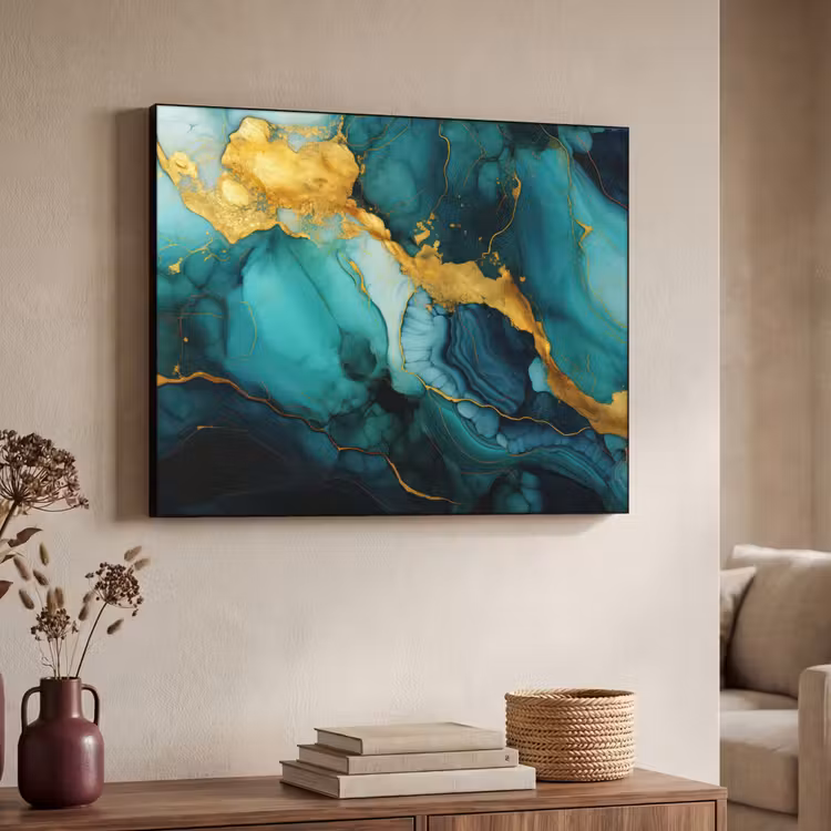Marmer - Goud - Blauw groen - Abstract - Turquoise Textielframe zwart klein -sfeer3