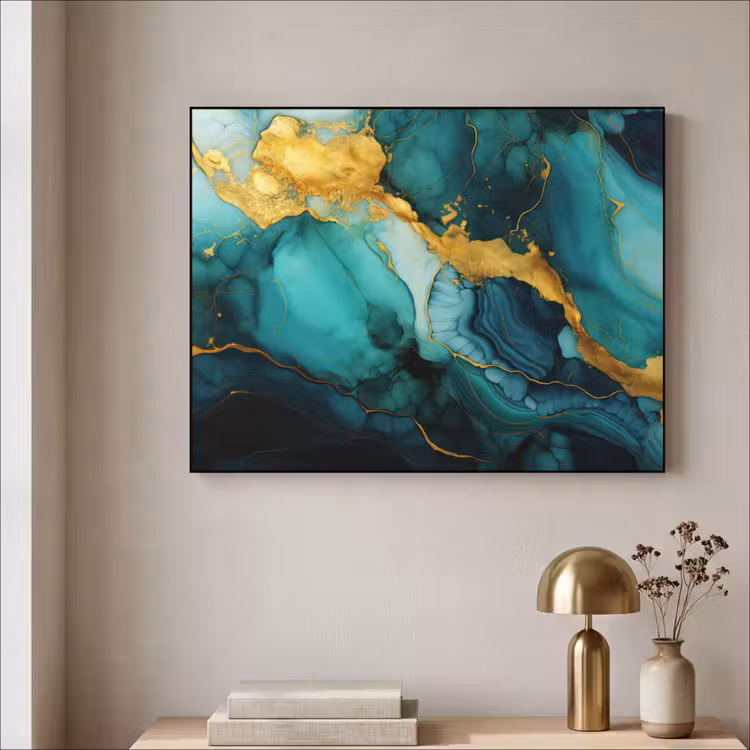Marmer - Goud - Blauw groen - Abstract - Turquoise Textielframe zwart klein -sfeer2
